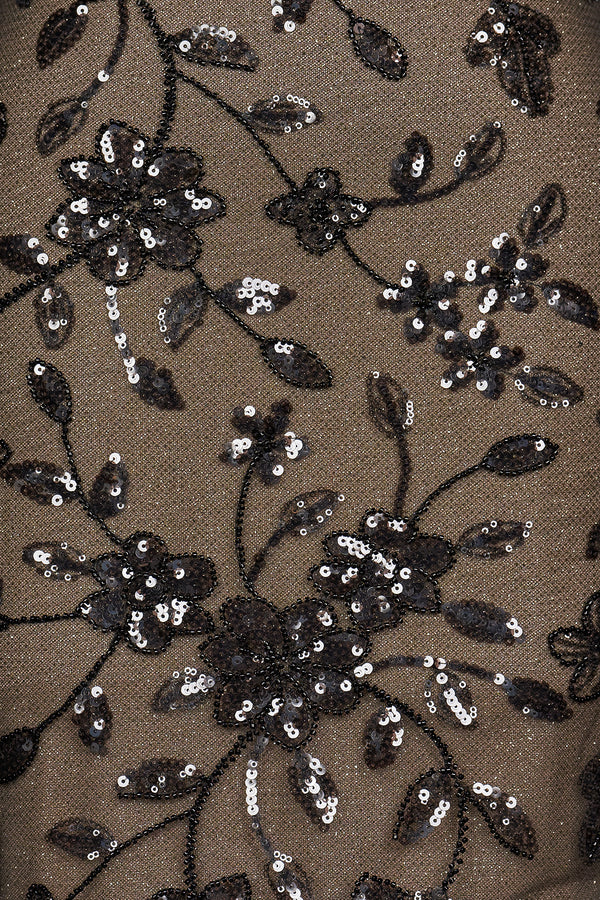 KissProm- Black-Nude Mermaid V Neck Tulle Long Prom Dresses With Floral Sequins