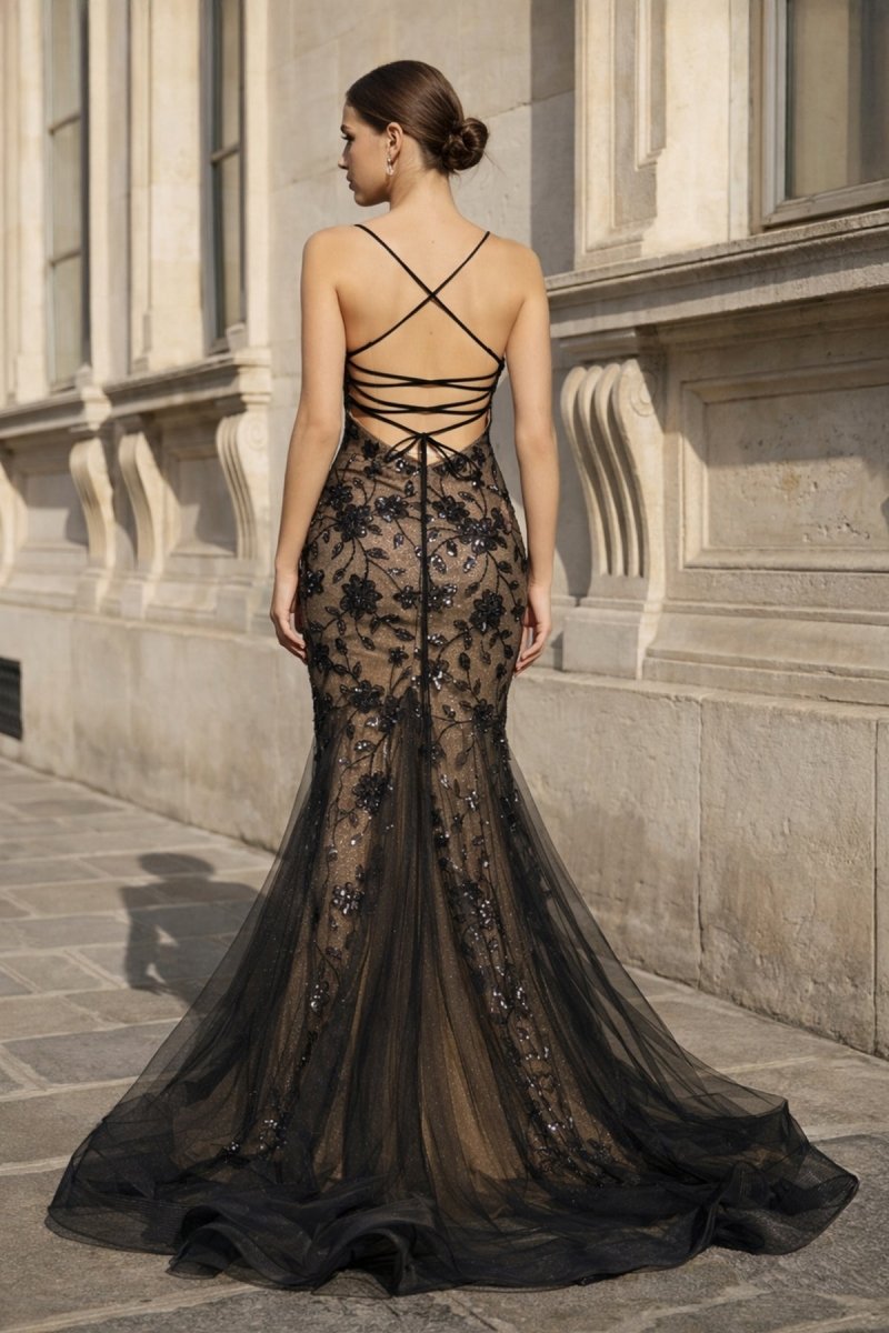 Black - Nude Mermaid Spaghetti Straps Tulle Long Prom Dresses With Floral Sequins - KissProm
