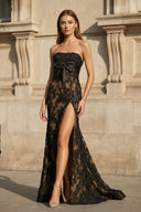 Black - Nude Strapless Lace Mermaid Long Prom Dresses With Bow - KissProm