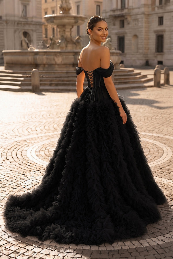 Gorgeous A Line Off the Shoulder Long Tulle Prom Dress with Slit - KISSPROM PROM DRESSES
