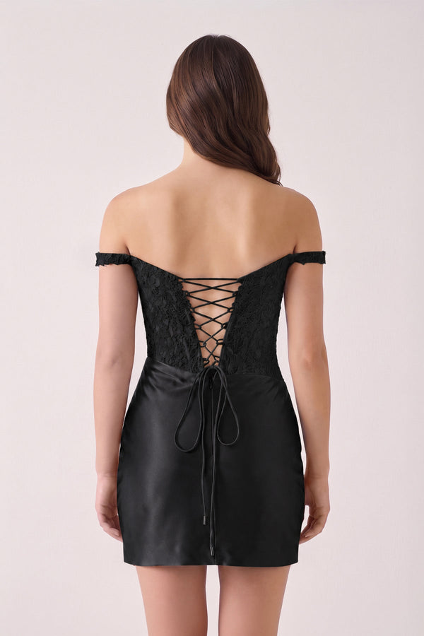 Black Off The Shoulder Bodycon Satin Mini Party Dress With Appliques (2) | KISSPROM