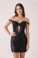 Black Off The Shoulder Bodycon Satin Pleated Homecoming Dresses With Appliques | KISSPROM