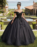 Black Off the Shoulder Glitter 3D Floral Quinceanera Dresses | KISSPROM