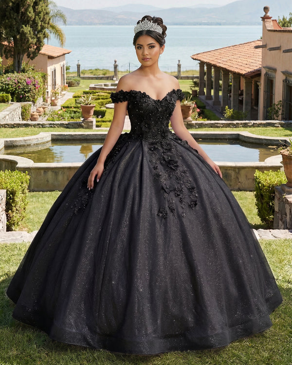 Black Off the Shoulder Glitter 3D Floral Quinceanera Dresses | KISSPROM