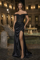 Black Off The Shoulder Mermaid Beaded Satin Long Party Dress With Appliques | KISSPROM
