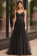 A-line V Neck Lace Tulle Prom Dress With Slit - KissProm