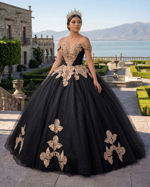 Black Off the Shoulder Quinceanera Dresses with Appliques | KISSPROM