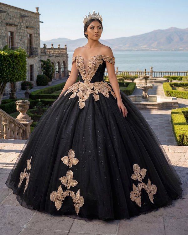 Black Off the Shoulder Quinceanera Dresses with Appliques | KISSPROM