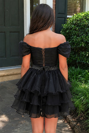 Black Off-the-Shoulder Ruffle Short Homecoming Dress | KISSPROM