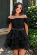 Black Off-the-Shoulder Ruffle Short Homecoming Dress | KISSPROM