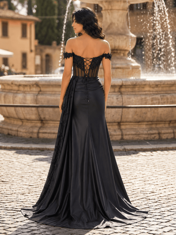 Black Off the Shoulder Satin Beaded Long Party Dress With Slit (2) | KISSPROM