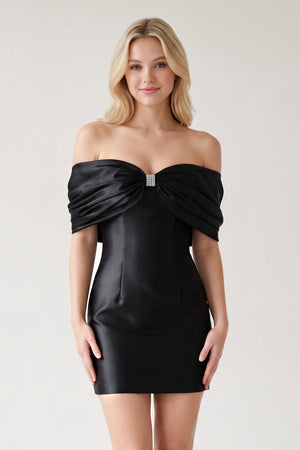 Black Off The Shoulder Satin Bodycon Short Homecoming Dress With Beading (3) | KISSPROM