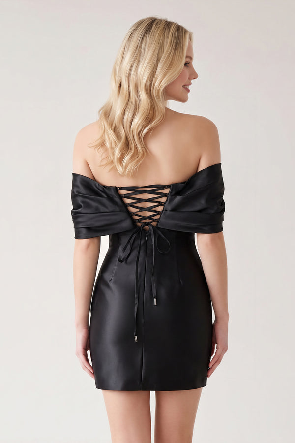 Black Off The Shoulder Satin Bodycon Short Homecoming Dress With Beading (4) | KISSPROM
