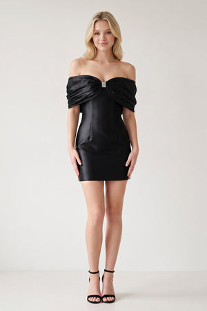 Black Off The Shoulder Satin Bodycon Short Homecoming Dress With Beading (5) | KISSPROM