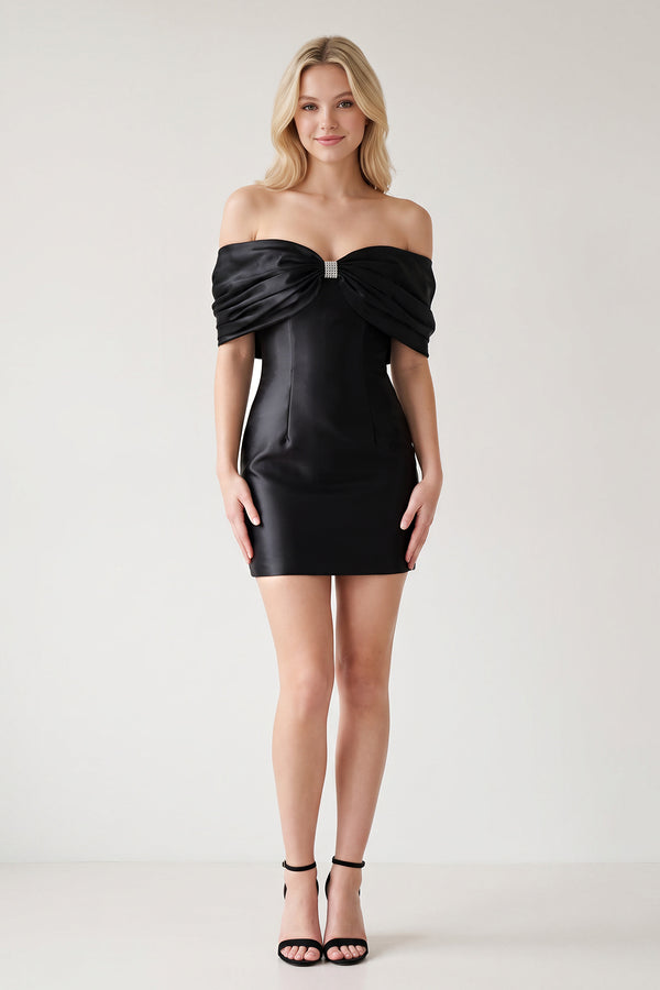 Black Off The Shoulder Satin Bodycon Short Homecoming Dress With Beading (5) | KISSPROM