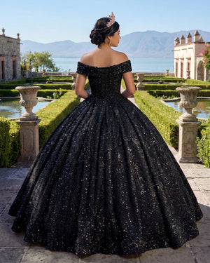 Black Off The Shoulder Sequined Ball Gown Quinceanera Dresses (2) | KISSPROM