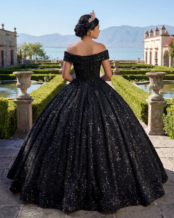 Black Off The Shoulder Sequined Ball Gown Quinceanera Dresses (2) | KISSPROM