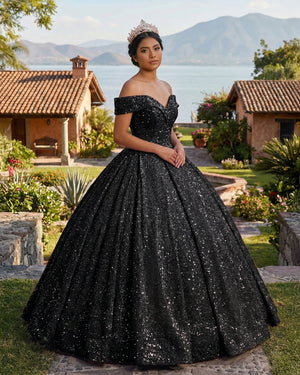 Black Off The Shoulder Sequined Ball Gown Quinceanera Dresses | KISSPROM