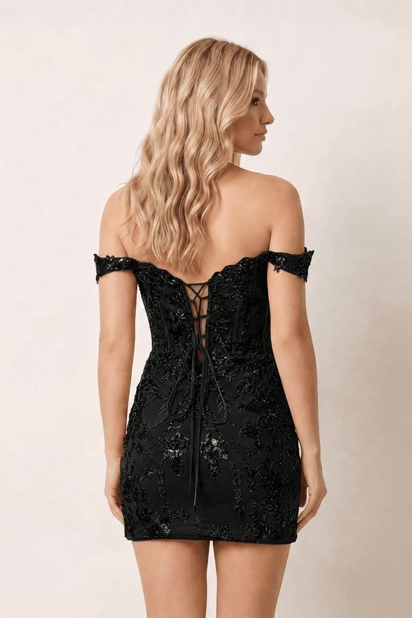 Black Off the Shoulder Sheath Corset Mini Party Dress (2) | KISSPROM