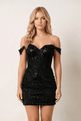 Black Off the Shoulder Sheath Corset Mini Party Dress | KISSPROM