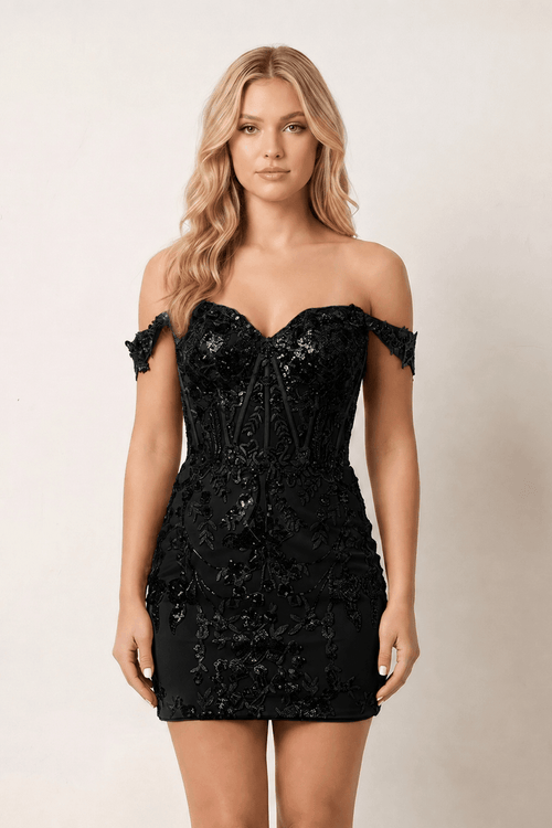 Black Off the Shoulder Sheath Corset Mini Party Dress | KISSPROM