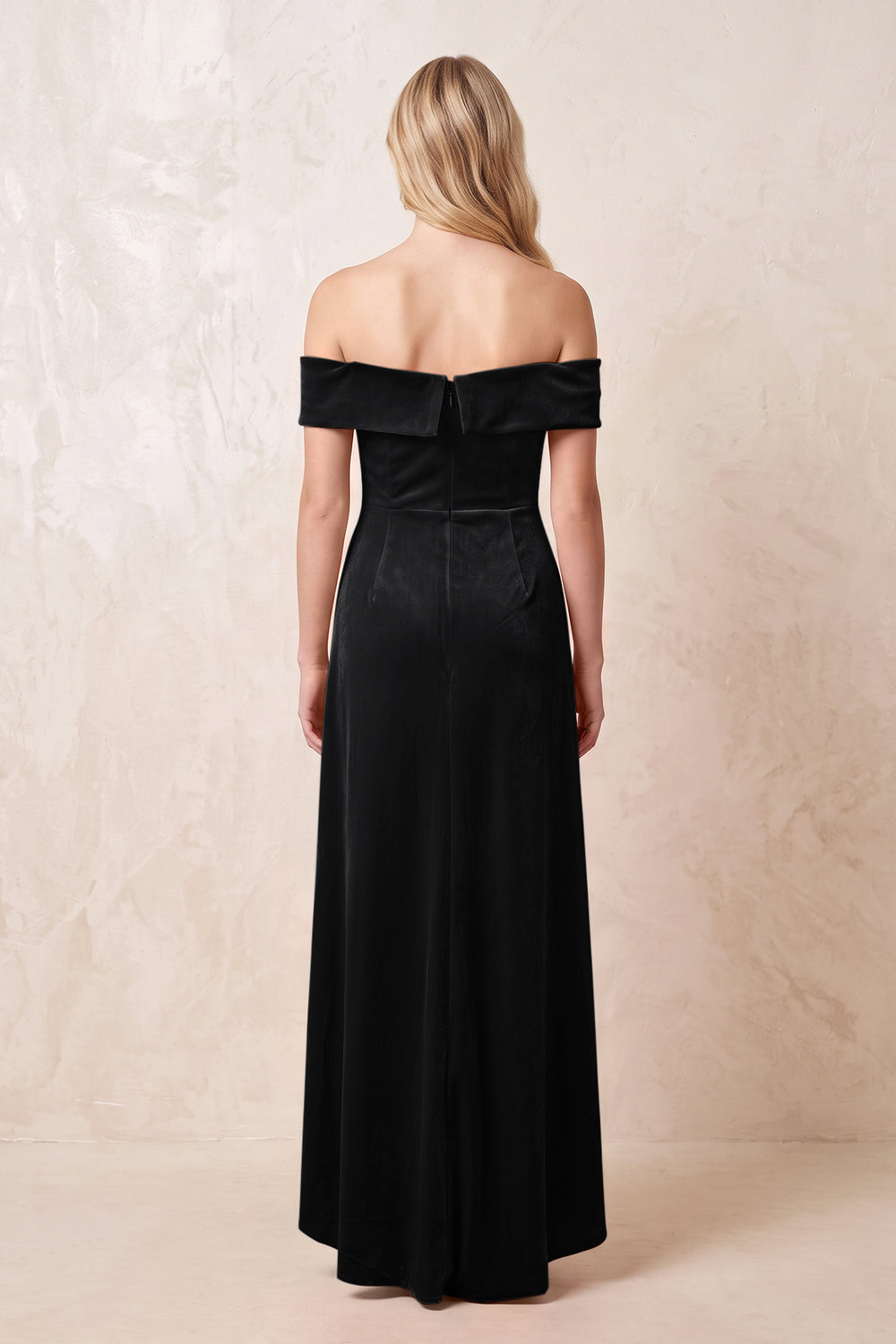 Black Off-the-Shoulder Sheath Velvet Midi Bridesmaid Dress - KISSPROM