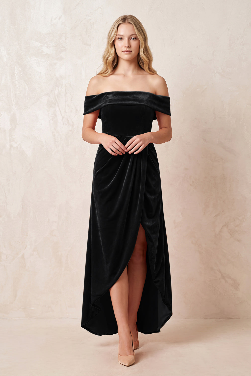 Black Off-the-Shoulder Sheath Velvet Midi Bridesmaid Dress - KISSPROM