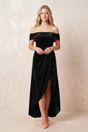 Black Off-the-Shoulder Sheath Velvet Midi Bridesmaid Dress - KISSPROM