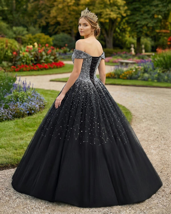 Black Off The Shoulder Tulle Quinceanera Dresses With Beadings (2) | KISSPROM