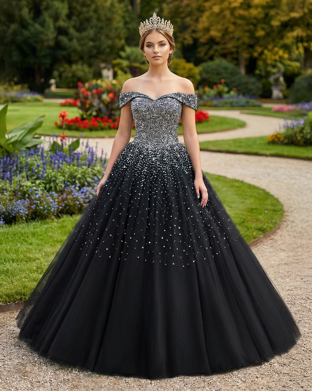 Black Off The Shoulder Tulle Quinceanera Dresses With Beadings | KISSPROM