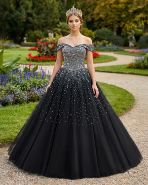 Black Off The Shoulder Tulle Quinceanera Dresses With Beadings | KISSPROM