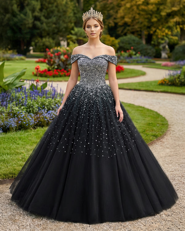 Black Off The Shoulder Tulle Quinceanera Dresses With Beadings | KISSPROM