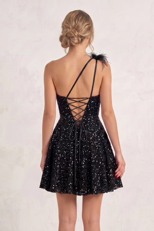 Black One Shoulder A Line Sequins Homecoming Dresses With Feathers (2) | KISSPROM