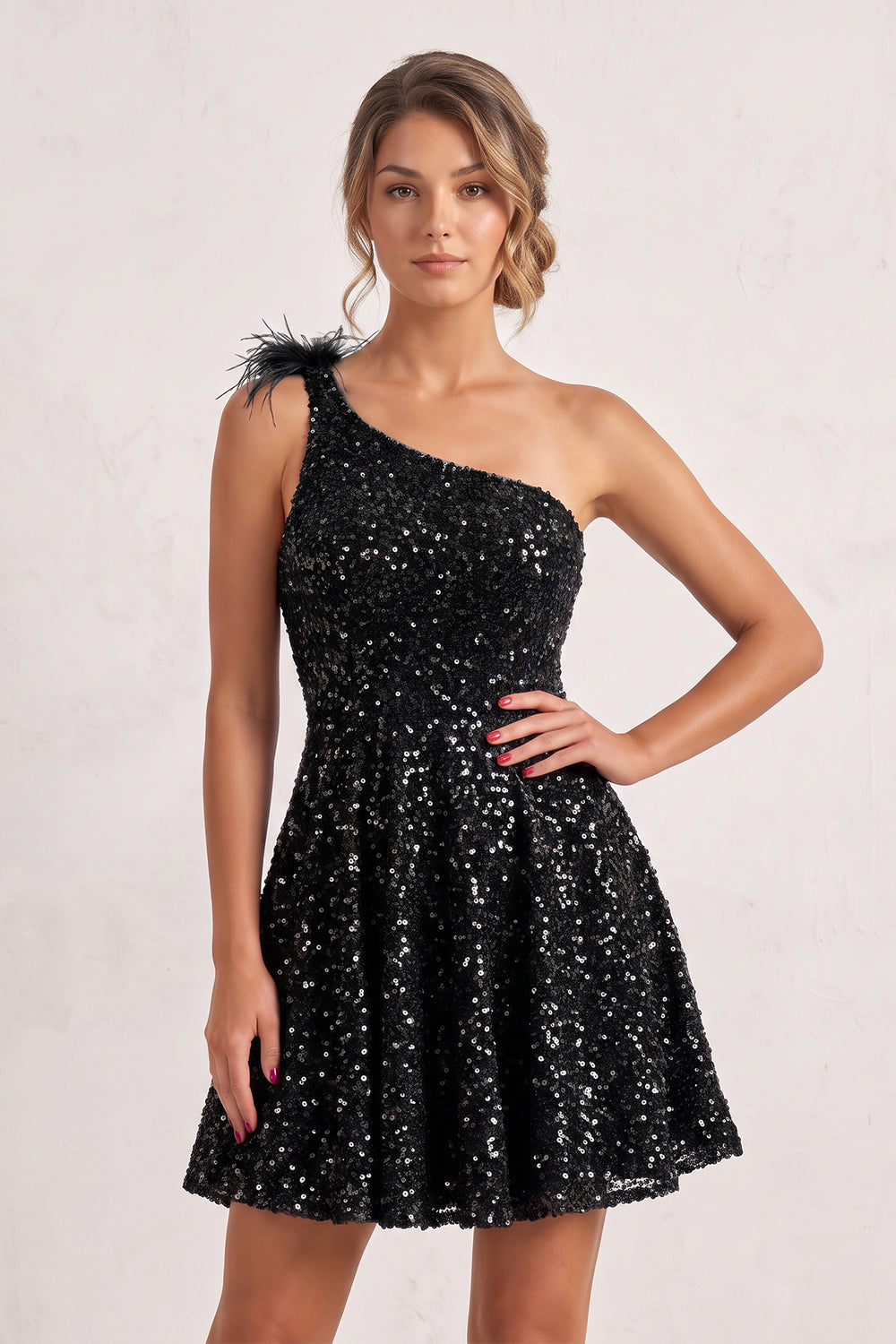 Black One Shoulder A Line Sequins Homecoming Dresses With Feathers | KISSPROM