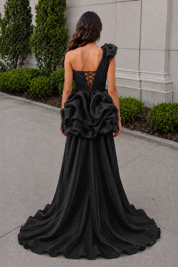 Black One Shoulder Organza High Low Homecoming Dress With Ruffles (2) | KISSPROM