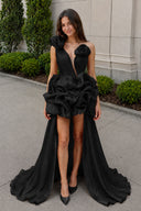 Black One Shoulder Organza High Low Homecoming Dress With Ruffles | KISSPROM