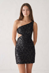 Black One Shoulder Sequins Bodycon Cutout Mini Party Dress | KISSPROM