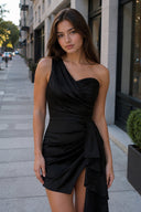Black One Shoulder Spandex Pleated Homecoming Dresses With Slit - KISSPROM