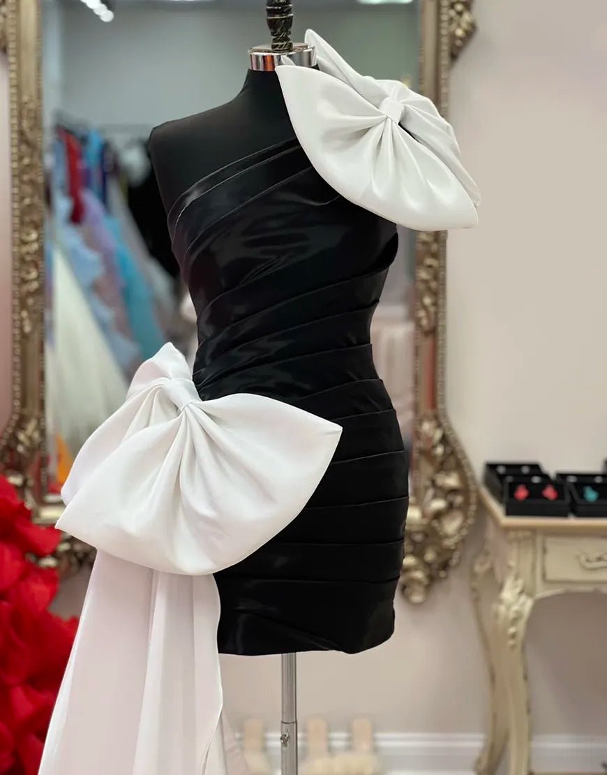 Black One Shoulder Tight Homecoming Dress with White Bows - KissProm