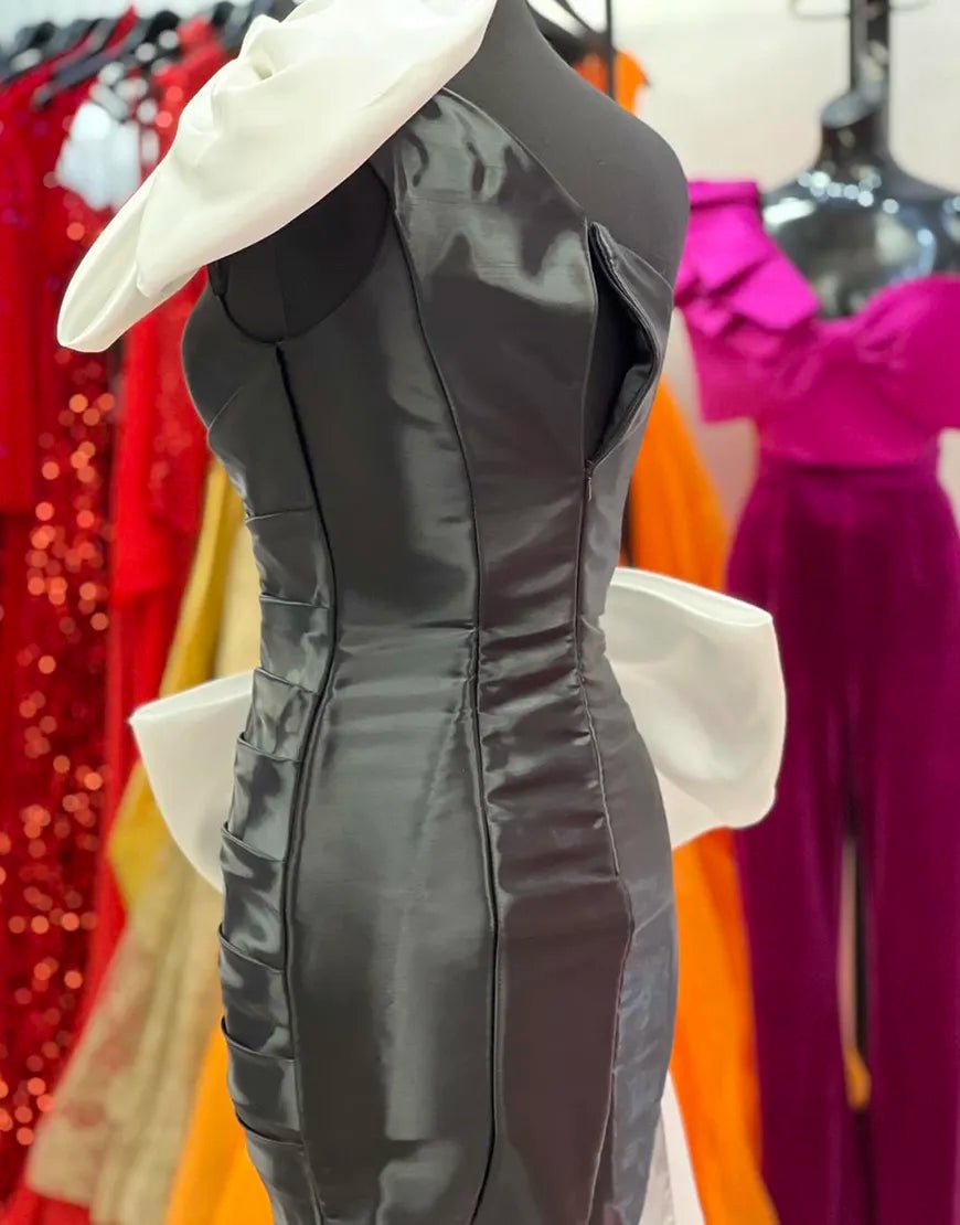 Black One Shoulder Tight Homecoming Dress with White Bows - KissProm