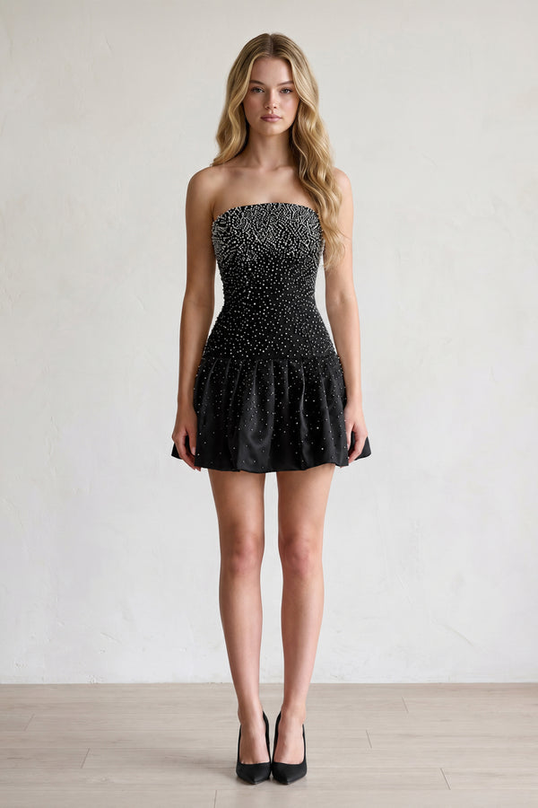 Black Pearl A-Line Strapless Satin Homecoming Dress With Lace-up Back - KISSPROM
