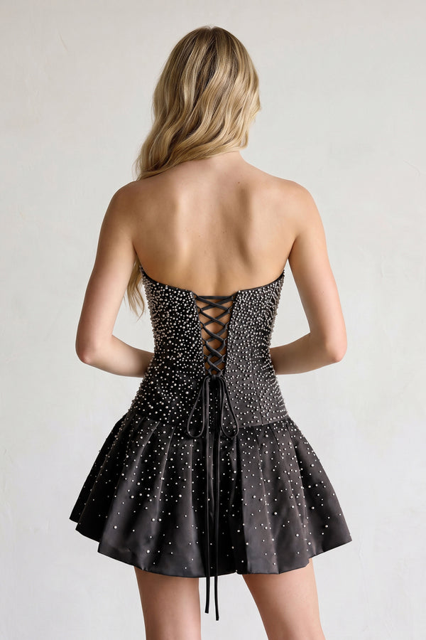 Black Pearl A-Line Strapless Satin Homecoming Dress With Lace-up Back - KISSPROM