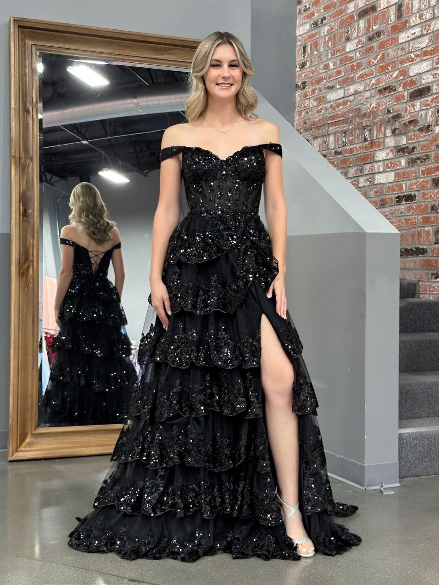 Black Princess A Line Off the Shoulder Corset Prom Dress with Lace Ruf