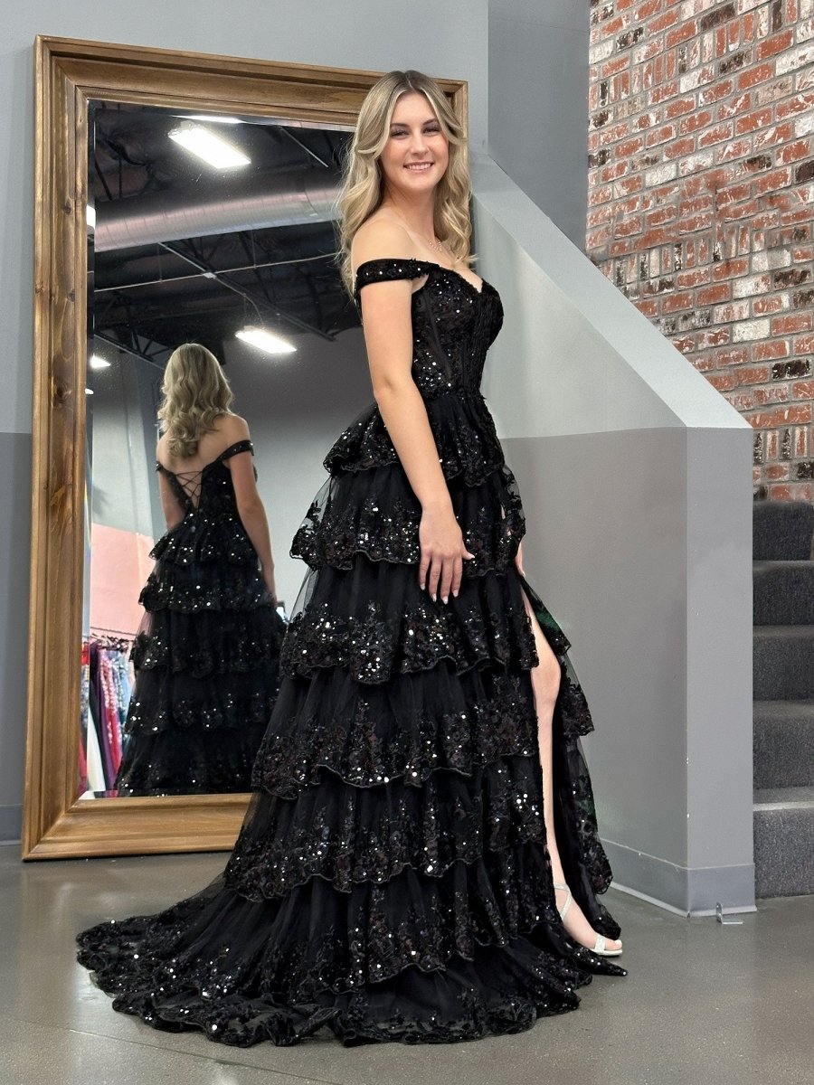 Black Princess A Line Off the Shoulder Corset Prom Dress with Lace Ruf