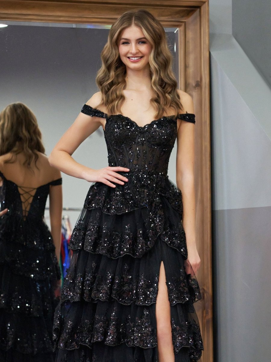 Black Princess A Line Off The Shoulder Corset Prom Dress with Lace Ruffles Black / 10 Black Princess A Line Off The Shoulder Corset Prom Dress with Lace Ruffles Black / 10