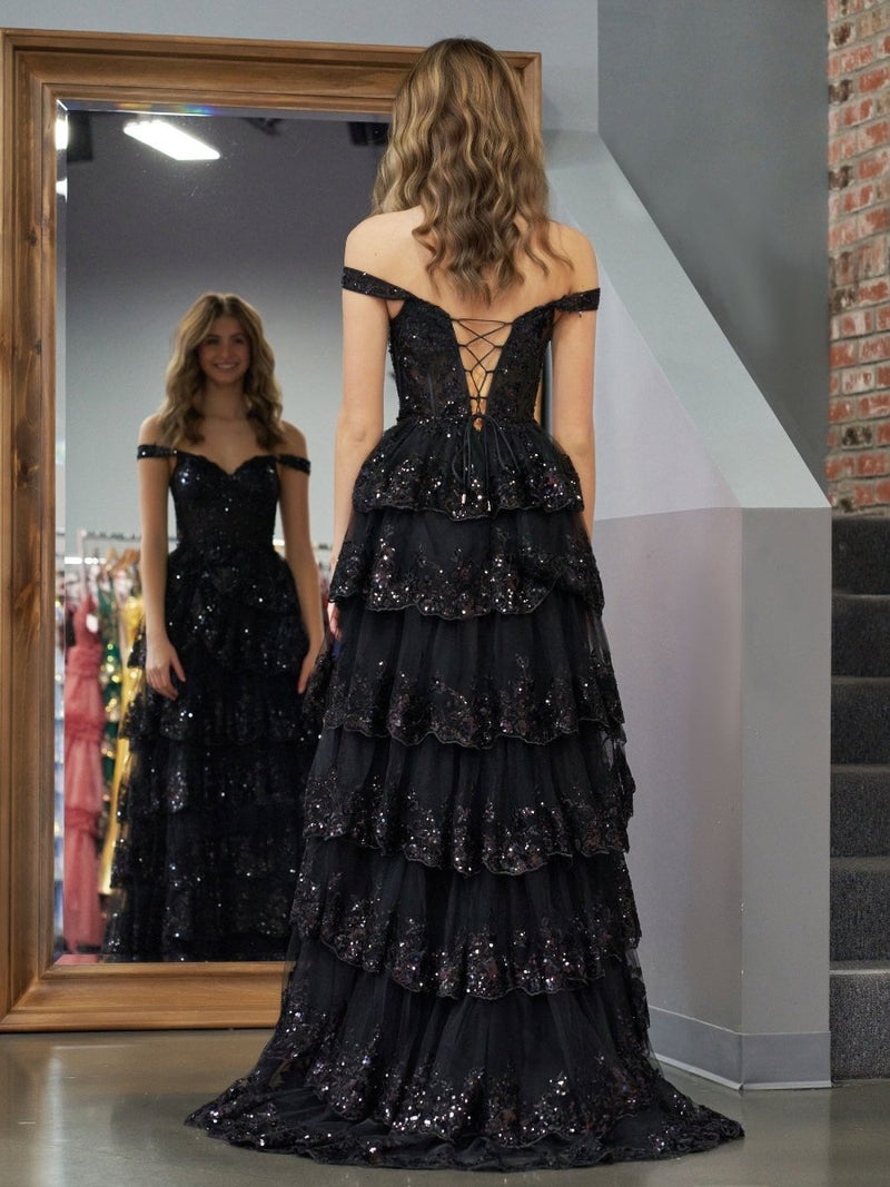 Black Princess A Line Off the Shoulder Corset Prom Dress with Lace Ruf