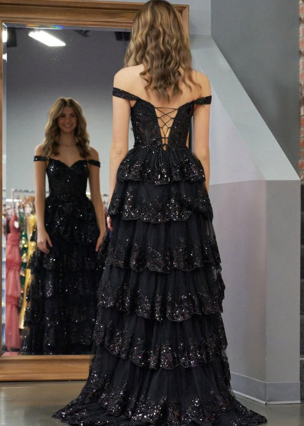 black off the shoulder tiered prom dress A-Line Lace Off-the-Shoulder Tiered Long Prom Dress with Slit, Red / 0