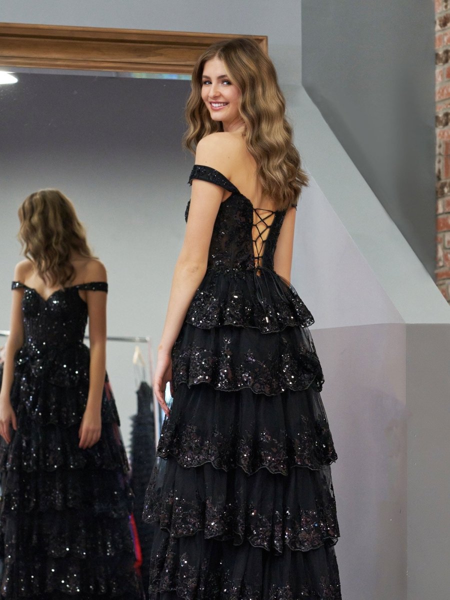 Black Princess A Line Off the Shoulder Corset Prom Dress with Lace Ruf ...