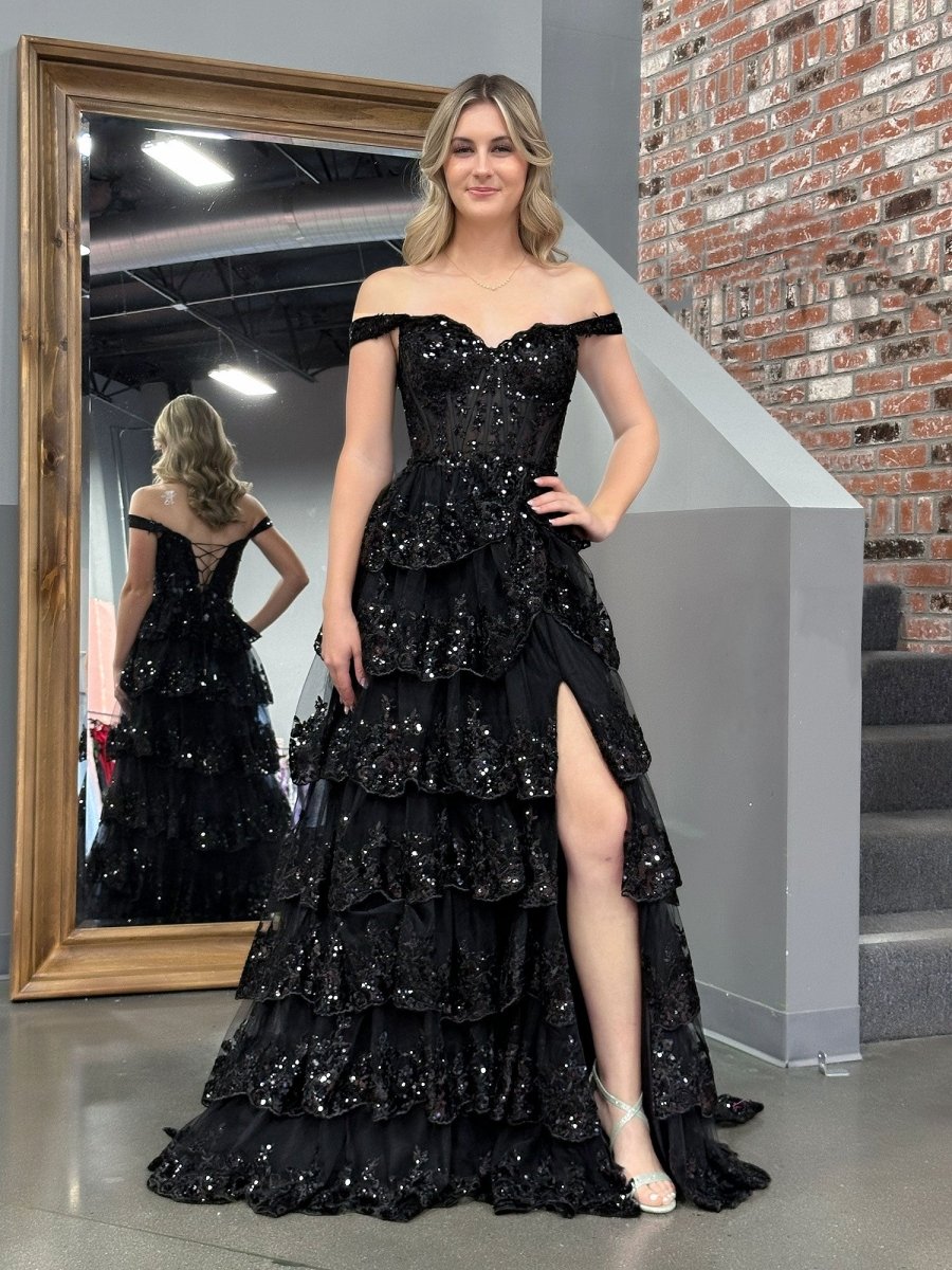Black Princess A Line Off the Shoulder Corset Prom Dress with Lace Ruf