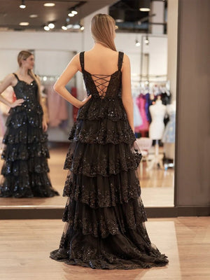 Black Princess A Line Off the Shoulder Corset Prom Dress with Lace Ruffles
